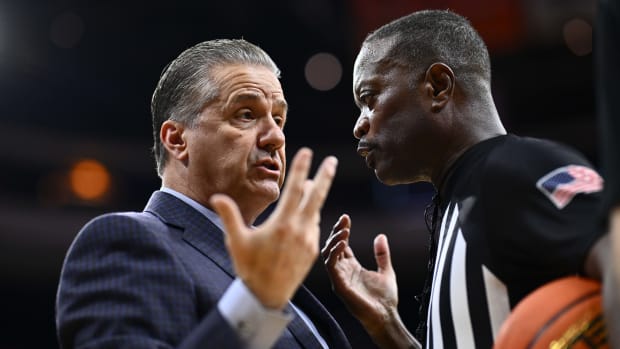 Dec 9, 2023; Philadelphia, Pennsylvania, USA; Kentucky Wildcats head coach John Calipari reacts to a referee against the Penn Quakers in the first half at Wells Fargo Center. Mandatory Credit: Kyle Ross-USA TODAY Sports